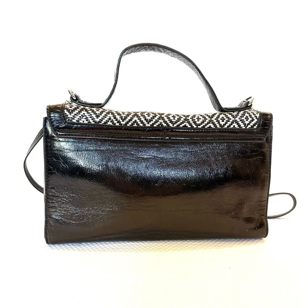 Melie Bianco Patent with Black & White Straw Geometric Satchel Handbag Purse Bag